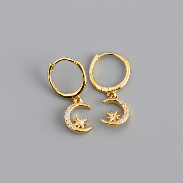 Anyco Earrings Gold Plated Creative Pave Zircon Star Moon Pendant Ear For Women Girl Teen Chic Fashion Stylish Accessories Jewelry Gifts-Earrings-PEROZ Accessories