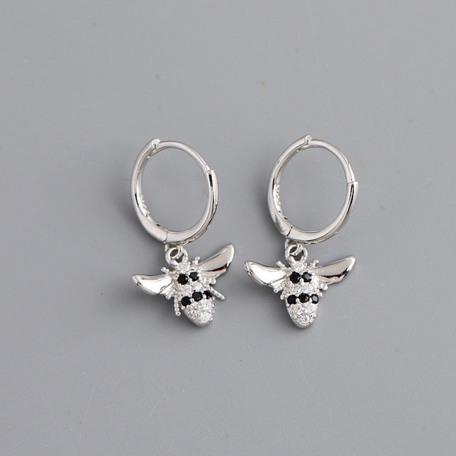 Anyco Earrings Sterling Silver Punk Black Zircon 3D Bee Pendant Ear Buckle For Women Girl Teen Chic Fashion Stylish Accessories Jewelry Gifts-Earrings-PEROZ Accessories