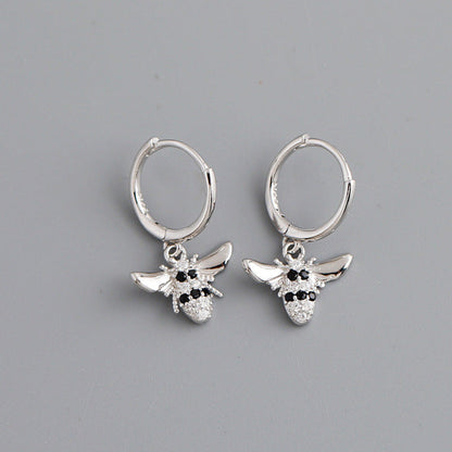 Anyco Earrings Sterling Silver Punk Black Zircon 3D Bee Pendant Ear Buckle For Women Girl Teen Chic Fashion Stylish Accessories Jewelry Gifts-Earrings-PEROZ Accessories