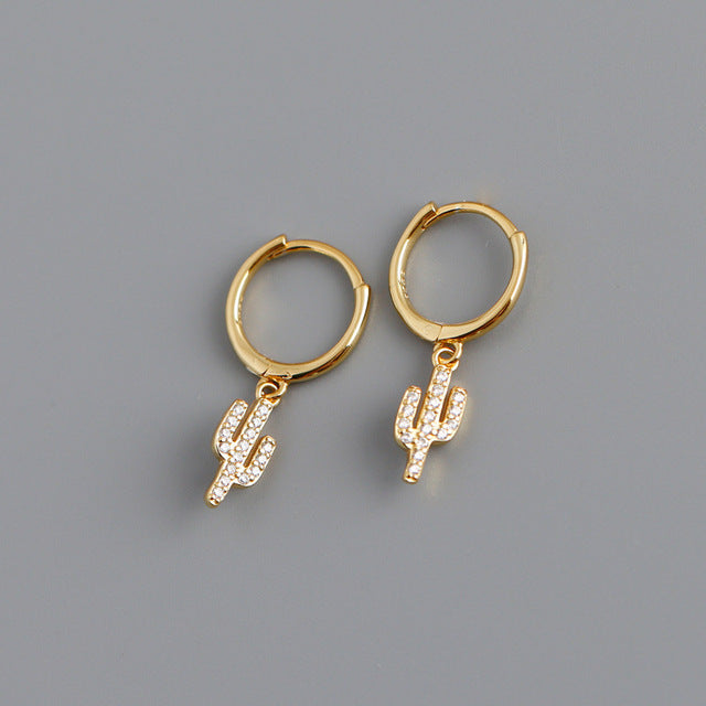Anyco Earrings Gold Plated Pave Zircon Cactus Ear Buckle For Women Girl Teen Chic Perfect Fashion Stylish Rock Accessories Jewelry Gifts-Earrings-PEROZ Accessories