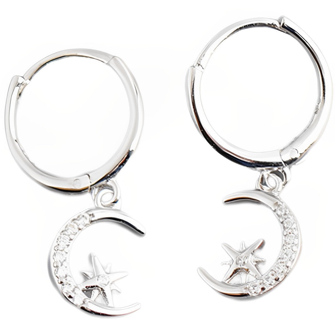 Anyco Earrings Sterling Silver Creative Pave Zircon Star Moon Pendant Ear For Women Girl Teen Chic Fashion Stylish Accessories Jewelry Gifts-Earrings-PEROZ Accessories