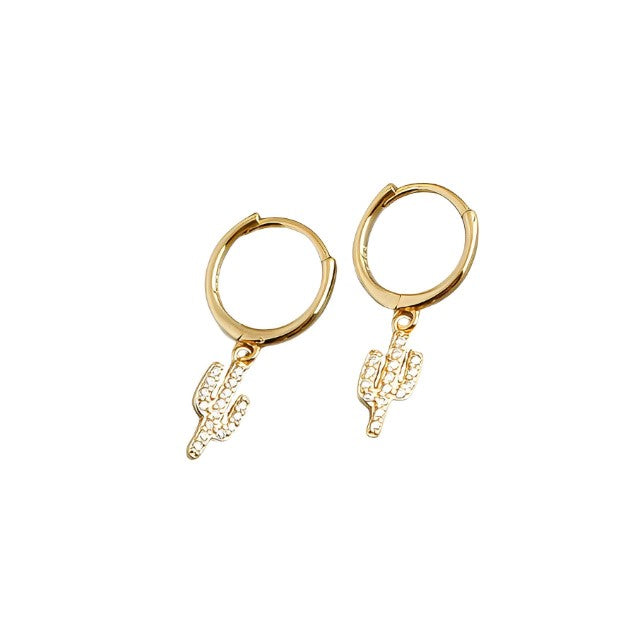 Anyco Earrings Gold Plated Pave Zircon Cactus Ear Buckle For Women Girl Teen Chic Perfect Fashion Stylish Rock Accessories Jewelry Gifts-Earrings-PEROZ Accessories