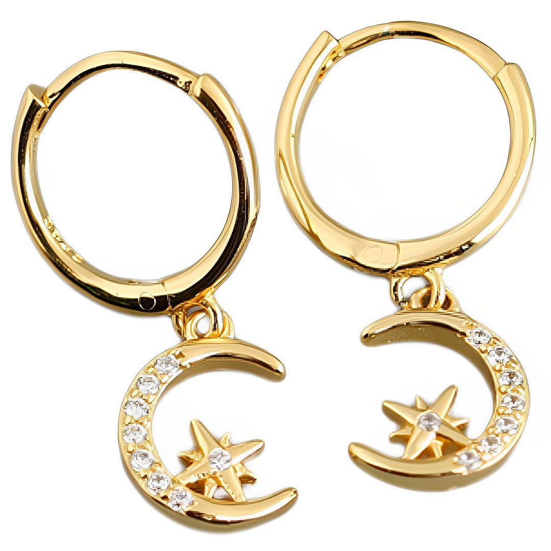 Anyco Earrings Gold Plated Creative Pave Zircon Star Moon Pendant Ear For Women Girl Teen Chic Fashion Stylish Accessories Jewelry Gifts-Earrings-PEROZ Accessories