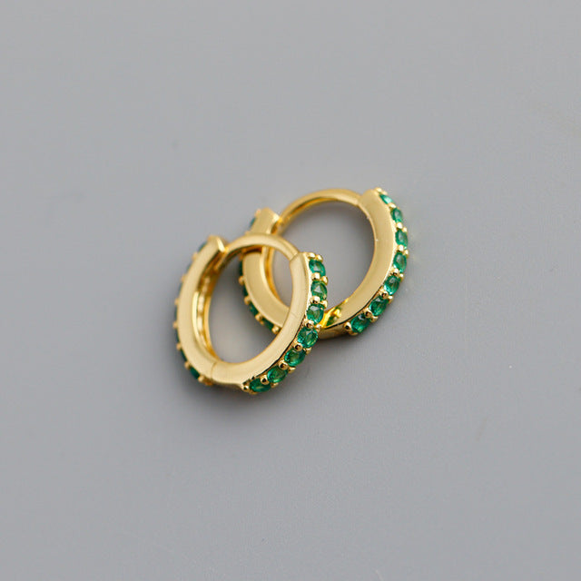 Anyco Earrings Gold Plated Green Punk Pave CZ Simple Round 8.8MM Ear Buckle For Women Girl Teen Chic Fashion Stylish Accessories Jewelry Gifts-Earrings-PEROZ Accessories