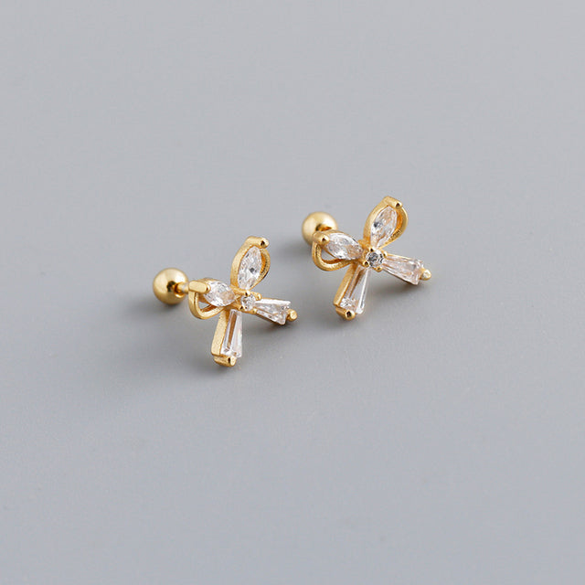 Anyco Earrings Gold Plated European Romantic Bow Zirconia Spiral Bead Stud For Women Teen Fashion Stylish Accessories Jewelry Gifts-Earrings-PEROZ Accessories