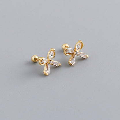 Anyco Earrings Gold Plated European Romantic Bow Zirconia Spiral Bead Stud For Women Teen Fashion Stylish Accessories Jewelry Gifts-Earrings-PEROZ Accessories