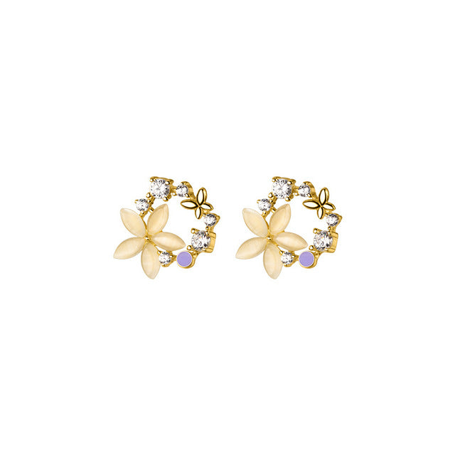 Anyco Fashion Earrings Gold 925 Sterling Silver Romantic Synthetic Opal Flower Stud Women Jewelry-Earrings-PEROZ Accessories