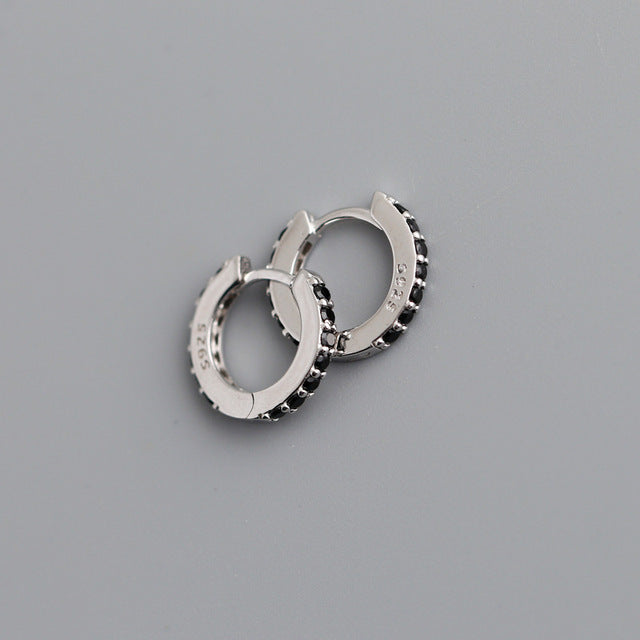Anyco Earrings Sterling Silver Black Punk Pave CZ Simple Round 8.8MM Ear Buckle For Women Girl Teen Chic Fashion Stylish Accessories Jewelry Gifts-Earrings-PEROZ Accessories