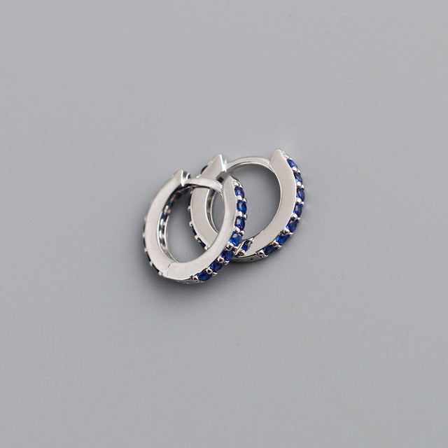 Anyco Earrings Sterling Silver Blue Punk Pave CZ Simple Round 8.8MM Ear Buckle For Women Girl Teen Chic Fashion Stylish Accessories Jewelry Gifts-Earrings-PEROZ Accessories
