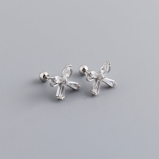 Anyco Earrings Sterling Silver European Romantic Bow Zirconia Spiral Bead Stud For Women Teen Fashion Stylish Accessories Jewelry Gifts-Earrings-PEROZ Accessories