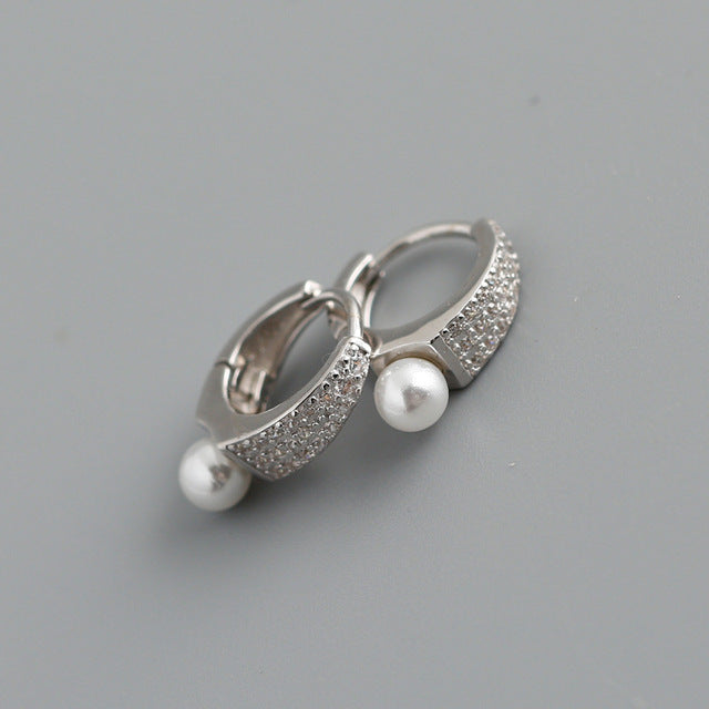 Anyco Earrings Sterling Silver Punk Luxury Pave Crystal Zircon Pearl Ear Buckle For Women Girl Teen Fashion Stylish Accessories Jewelry Gifts-Earrings-PEROZ Accessories