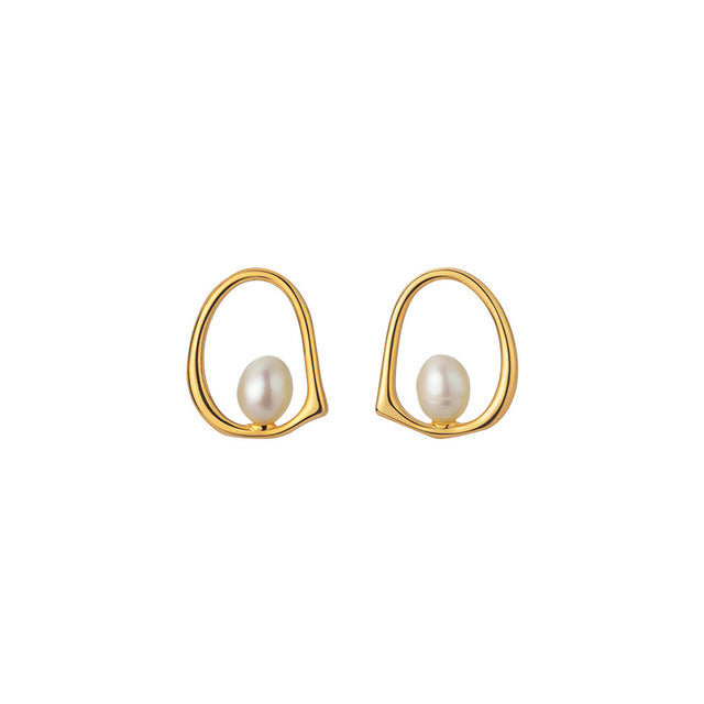 Anyco Fashion Earrings Gold 925 Sterling Silver Hollow Natural Freshwater Baroque Pearl Stud for Women Jewelry-Earrings-PEROZ Accessories