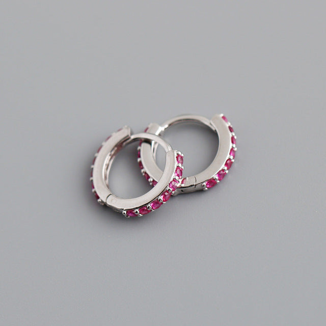 Anyco Earrings Sterling Silver Red Punk Pave CZ Simple Round 8.8MM Ear Buckle For Women Girl Teen Chic Fashion Stylish Accessories Jewelry Gifts-Earrings-PEROZ Accessories