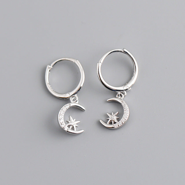 Anyco Earrings Sterling Silver Creative Pave Zircon Star Moon Pendant Ear For Women Girl Teen Chic Fashion Stylish Accessories Jewelry Gifts-Earrings-PEROZ Accessories