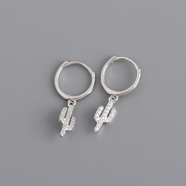 Anyco Earrings Sterling Silver Pave Zircon Cactus Ear Buckle For Women Girl Teen Chic Fashion Stylish Rock Accessories Jewelry Gifts-Earrings-PEROZ Accessories