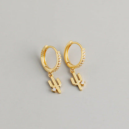 Anyco Earrings Gold Plated Luxury Pave Round Cactus Hanging Stud For Women Girl Teen Elegant Fashion Stylish Accessories Jewelry Gifts-Earrings-PEROZ Accessories