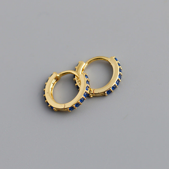 Anyco Earrings Gold Plated Blue Punk Pave CZ Simple Round 8.8MM Ear Buckle For Women Girl Teen Chic Fashion Stylish Accessories Jewelry Gifts-Earrings-PEROZ Accessories