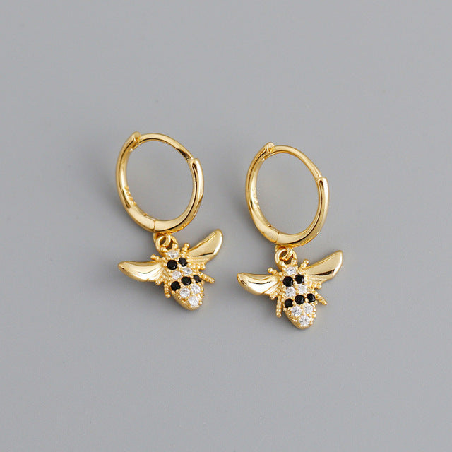Anyco Earrings Gold Plated Punk Black Zircon 3D Bee Pendant Ear Buckle For Women Girl Teen Chic Fashion Stylish Accessories Jewelry Gifts-Earrings-PEROZ Accessories