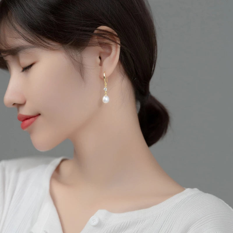 Anyco Fashion Earrings Gold 925 Sterling Silver Elegant Natural Baroque Pearl Pendant Women Charming Jewelry-Earrings-PEROZ Accessories