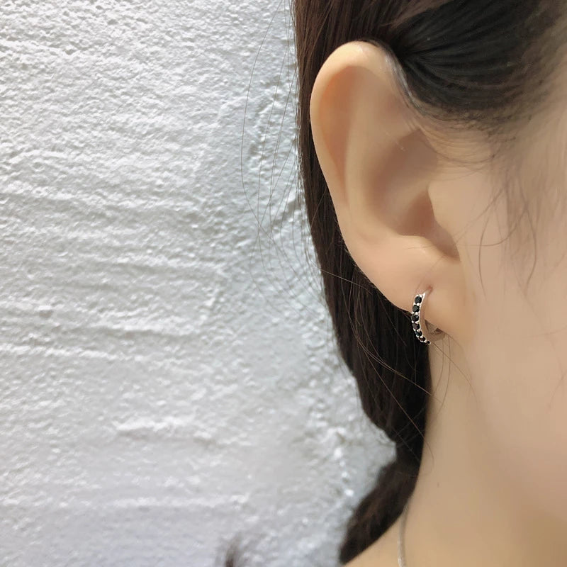 Anyco Earrings Sterling Silver Black Punk Pave CZ Simple Round 8.8MM Ear Buckle For Women Girl Teen Chic Fashion Stylish Accessories Jewelry Gifts-Earrings-PEROZ Accessories