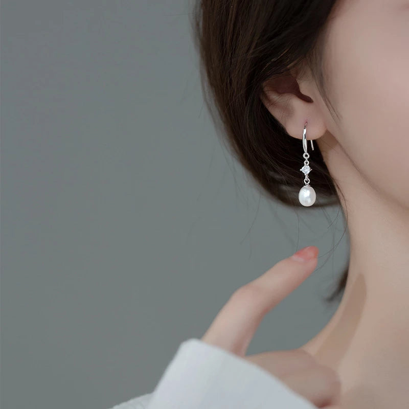 Anyco Fashion Earrings Silver 925 Sterling Elegant Natural Baroque Pearl Pendant Women Charming Jewelry-Earrings-PEROZ Accessories