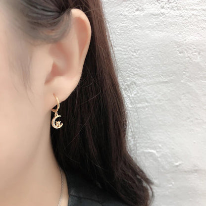 Anyco Earrings Sterling Silver Creative Pave Zircon Star Moon Pendant Ear For Women Girl Teen Chic Fashion Stylish Accessories Jewelry Gifts-Earrings-PEROZ Accessories