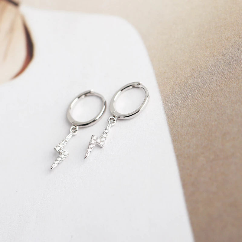 Anyco Earrings Buckle Punk Lightning Piercing White Zircon Charms Goth Hoop For Women Party Jewelry Silver-Earrings-PEROZ Accessories