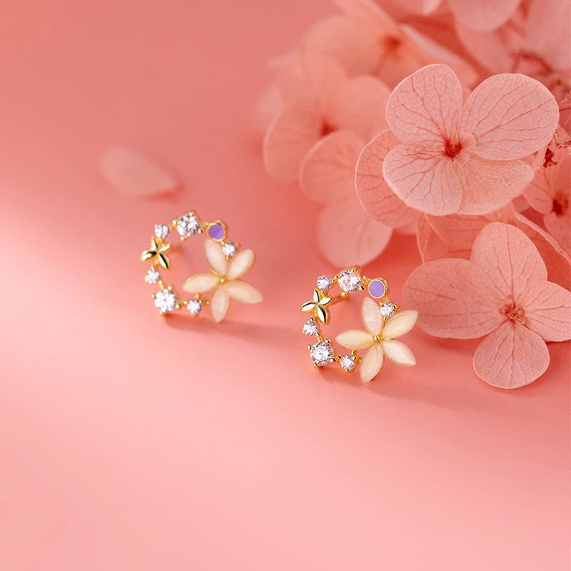Anyco Fashion Earrings Gold 925 Sterling Silver Romantic Synthetic Opal Flower Stud Women Jewelry-Earrings-PEROZ Accessories