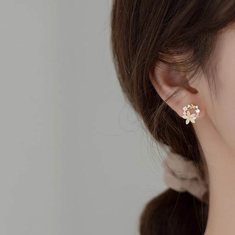 Anyco Fashion Earrings Gold 925 Sterling Silver Romantic Synthetic Opal Flower Stud Women Jewelry-Earrings-PEROZ Accessories