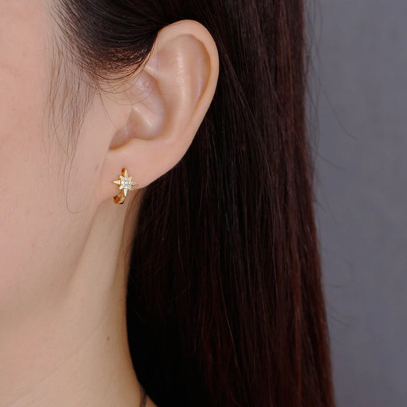 Anyco Earrings Sterling Silver Statement Gold Ray Star Huggies Simple Piercing Hoop For Women Girl Teen Fashion Stylish Accessories Jewelry Gifts-Earrings-PEROZ Accessories