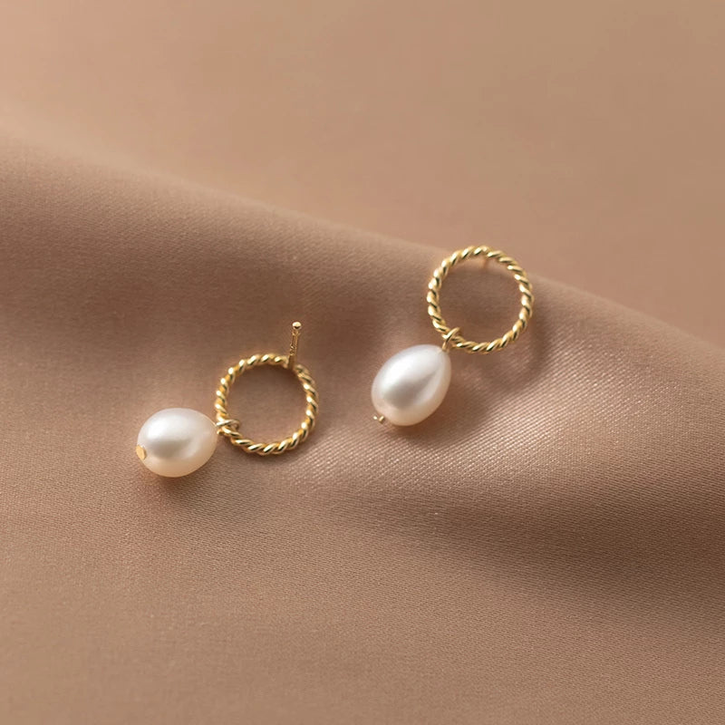 Anyco Fashion Earrings Gold 925 Sterling Silver Hoop Twist Hanging Natural Baroque Pearl Drop for Women Classic Charms Party Jewelry-Earrings-PEROZ Accessories