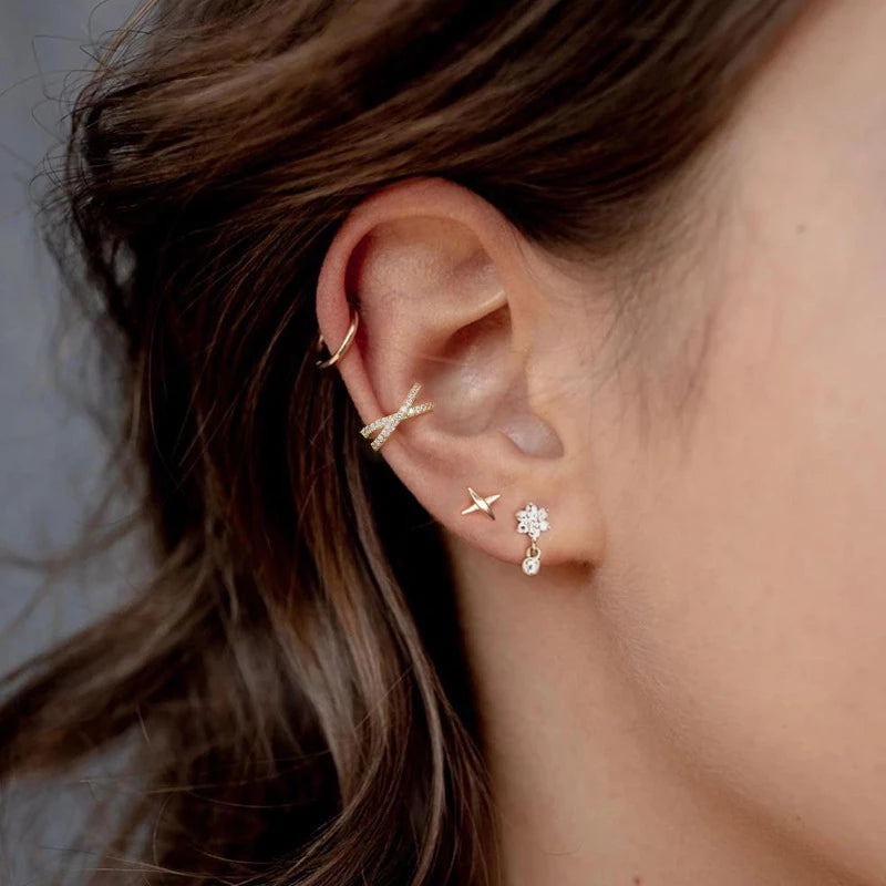 Anyco Earrings Gold Plated Bohemian Pave Zircon Cross Ear Clip For Women Girl Teen Perfect Elegant Fashion Stylish Accessories Jewelry Gifts-Earrings-PEROZ Accessories