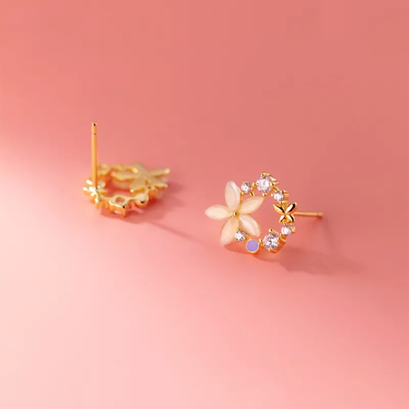 Anyco Fashion Earrings Gold 925 Sterling Silver Romantic Synthetic Opal Flower Stud Women Jewelry-Earrings-PEROZ Accessories