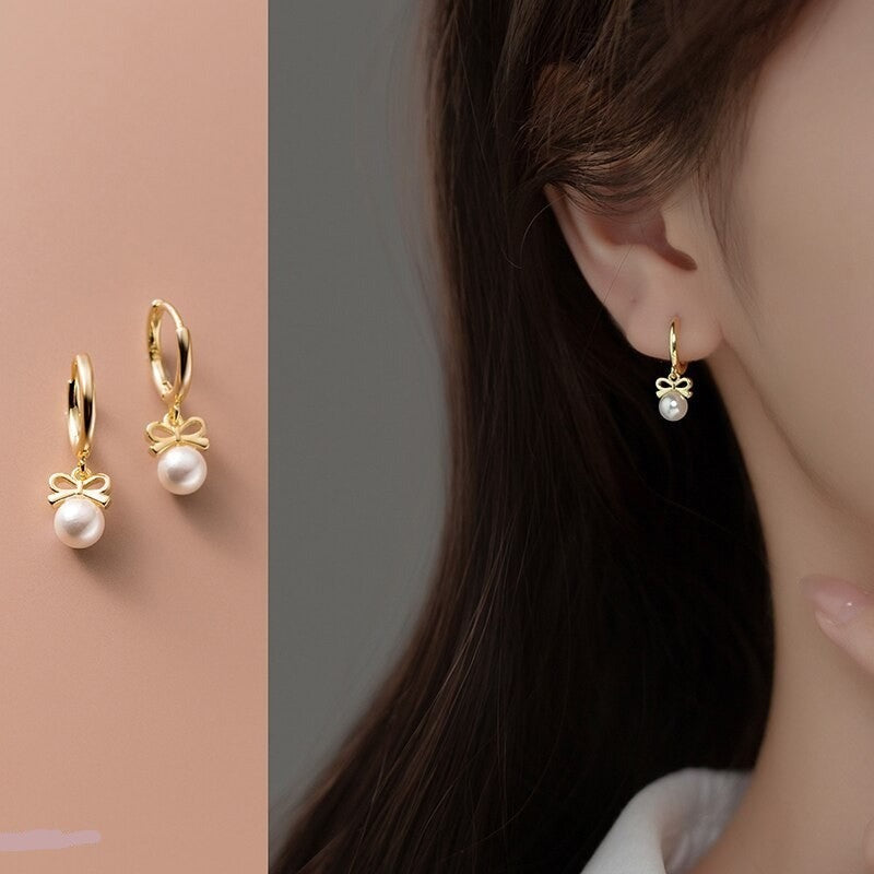Anyco Fashion Earrings Sterling Silver Cute Butterfly Synthetic Pearl Pendant Drop Charm Gold Plated Huggies Jewelry For Women-Earrings-PEROZ Accessories