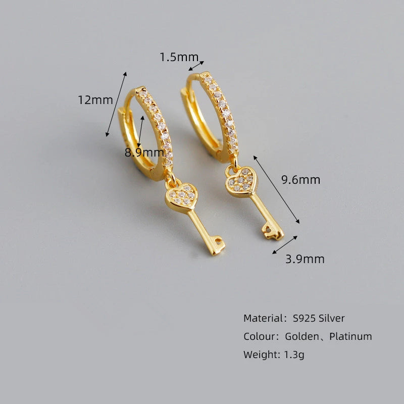 Anyco Earrings Gold Plated Luxury Cute Simple Pave Zircon Key Stud For Women Girl Teen Fashion Stylish Rock Accessories Jewelry Gifts-Earrings-PEROZ Accessories