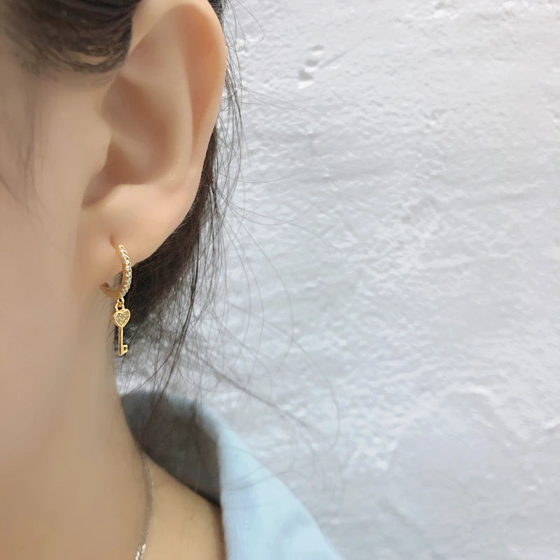 Anyco Earrings Gold Plated Luxury Cute Simple Pave Zircon Key Stud For Women Girl Teen Fashion Stylish Rock Accessories Jewelry Gifts-Earrings-PEROZ Accessories