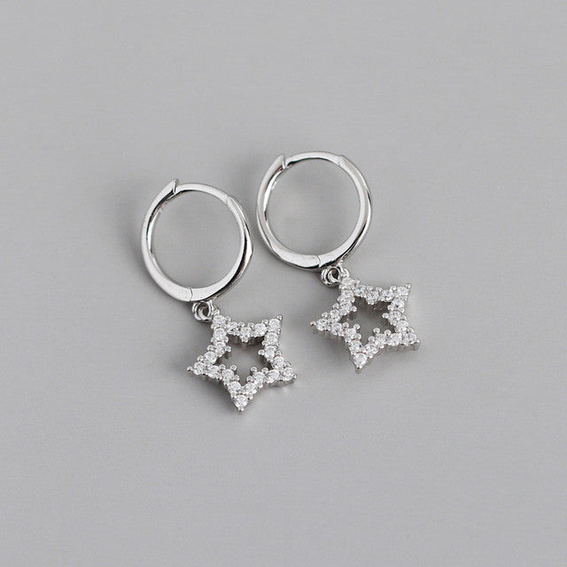Anyco Earrings Sterling Silver Pave Crystal Zircon Hollow Star Chic For Women Teen Girl Fashion Stylish Accessories Jewelry Gifts-Earrings-PEROZ Accessories