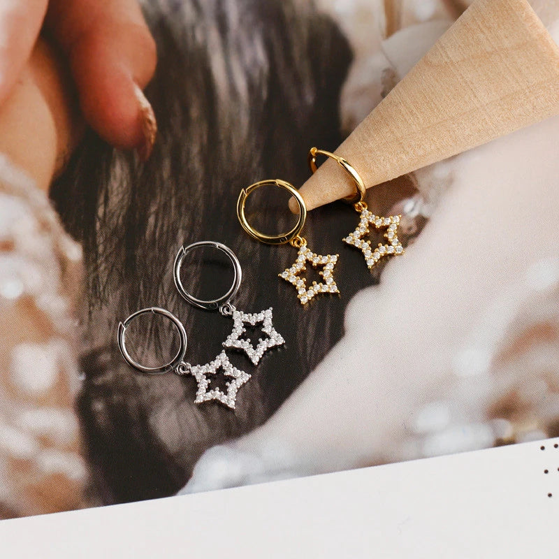 Anyco Earrings Sterling Silver Pave Crystal Zircon Hollow Star Chic For Women Teen Girl Fashion Stylish Accessories Jewelry Gifts-Earrings-PEROZ Accessories