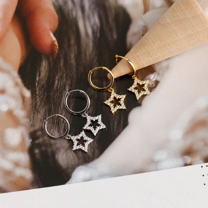 Anyco Earrings Sterling Silver Pave Crystal Zircon Hollow Star Chic For Women Teen Girl Fashion Stylish Accessories Jewelry Gifts-Earrings-PEROZ Accessories