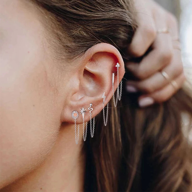 Anyco Earrings Sterling Silver Geometric Cute Icons Tassel Ear Line Stud For Women Teen Fashion Stylish Accessories Jewelry Gifts Triangle-Earrings-PEROZ Accessories