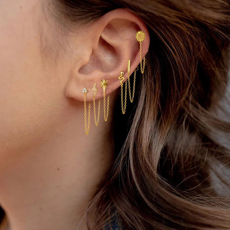 Anyco Earrings Gold Plated Geometric Cute Icons Tassel Ear Line Stud For Women Teen Fashion Stylish Accessories Jewelry Gifts Sunflower-Earrings-PEROZ Accessories