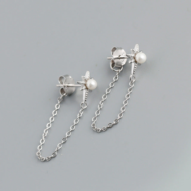 Anyco Earrings Sterling Silver Bohemian Shining Star Pearl Tassel Stud For Women Girl Teen Fine Fashion Stylish Accessories Jewelry Gifts-Earrings-PEROZ Accessories