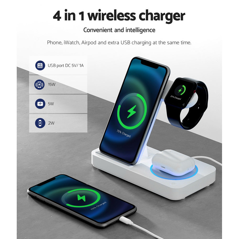 Devanti 4-in-1 Wireless Charger Dock Fast Charging for Phone White-Chargers-PEROZ Accessories