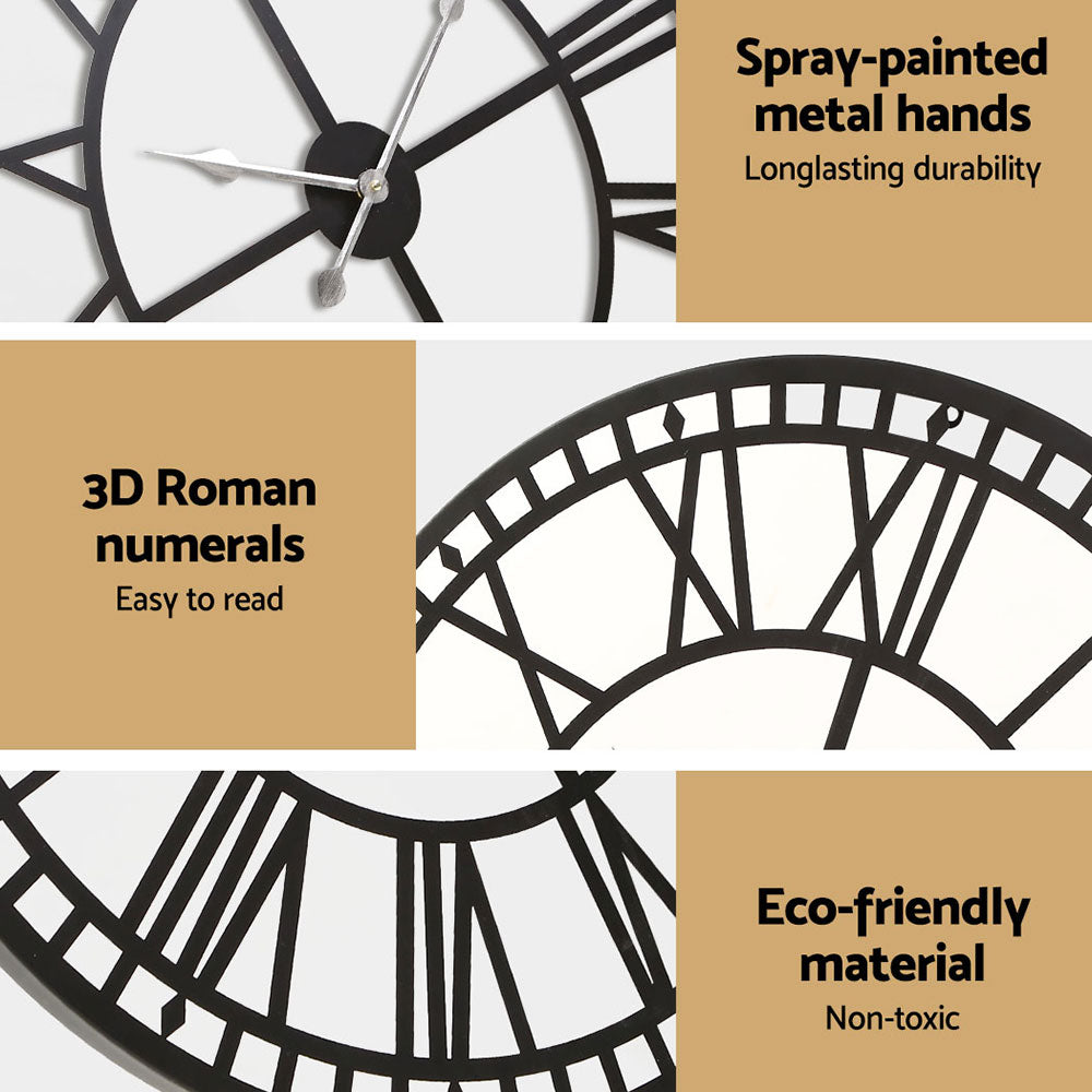 Artiss 80CM Large Wall Clock Roman Numerals Round Metal Luxury Home Decor Black-Wall Clocks - Peroz Australia - Image - 5