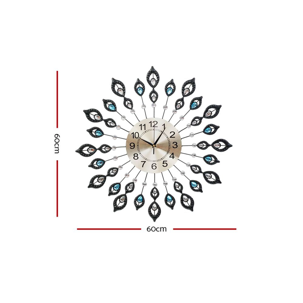 Artiss 60CM Peacock Wall Clock Large 3D Modern Crystal Luxury Round Wall Clocks Home Decor Black-Home &amp; Garden &gt; DIY - Peroz Australia - Image - 2