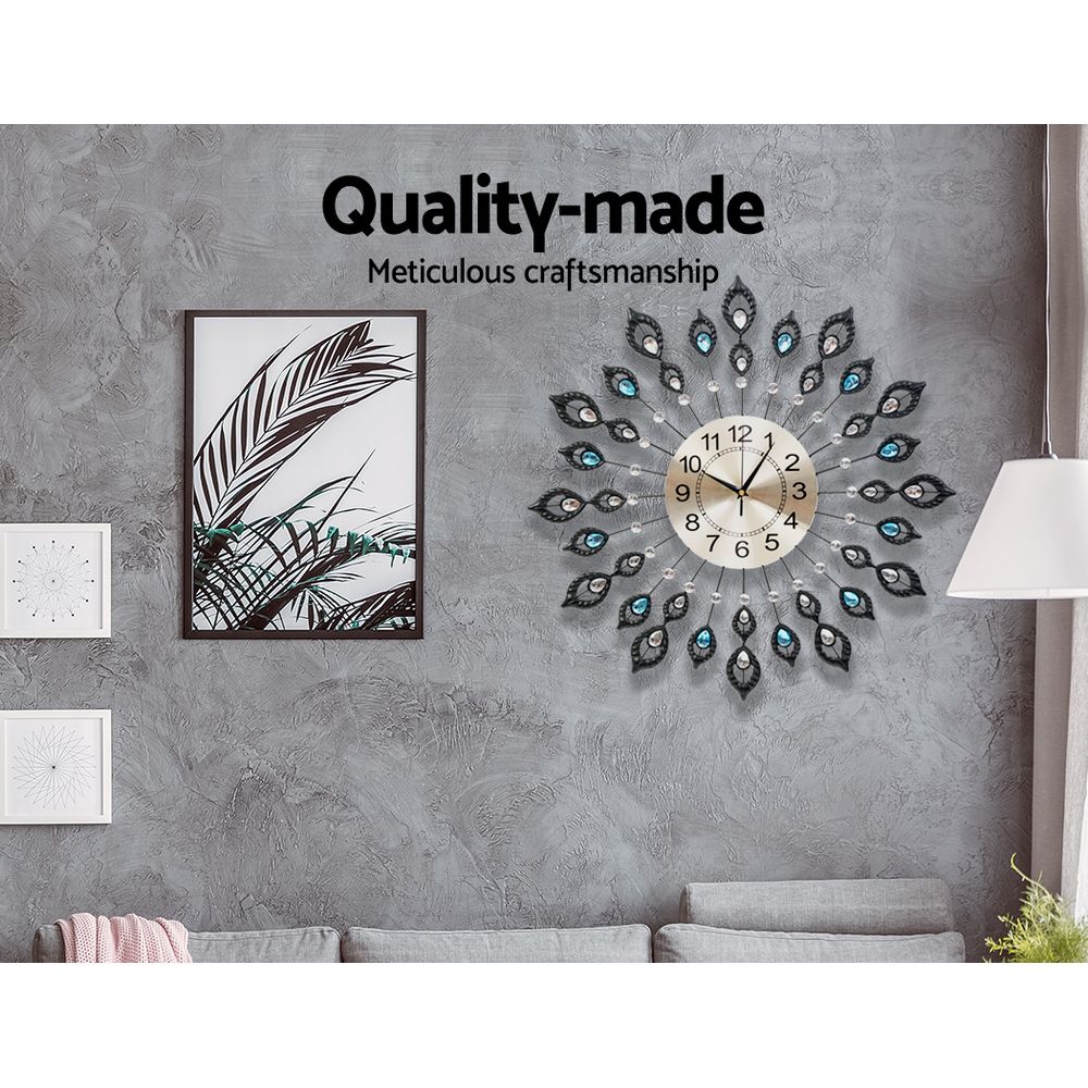 Artiss 60CM Peacock Wall Clock Large 3D Modern Crystal Luxury Round Wall Clocks Home Decor Black-Home &amp; Garden &gt; DIY - Peroz Australia - Image - 4
