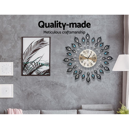 Artiss 60CM Peacock Wall Clock Large 3D Modern Crystal Luxury Round Wall Clocks Home Decor Black-Home &amp; Garden &gt; DIY - Peroz Australia - Image - 4