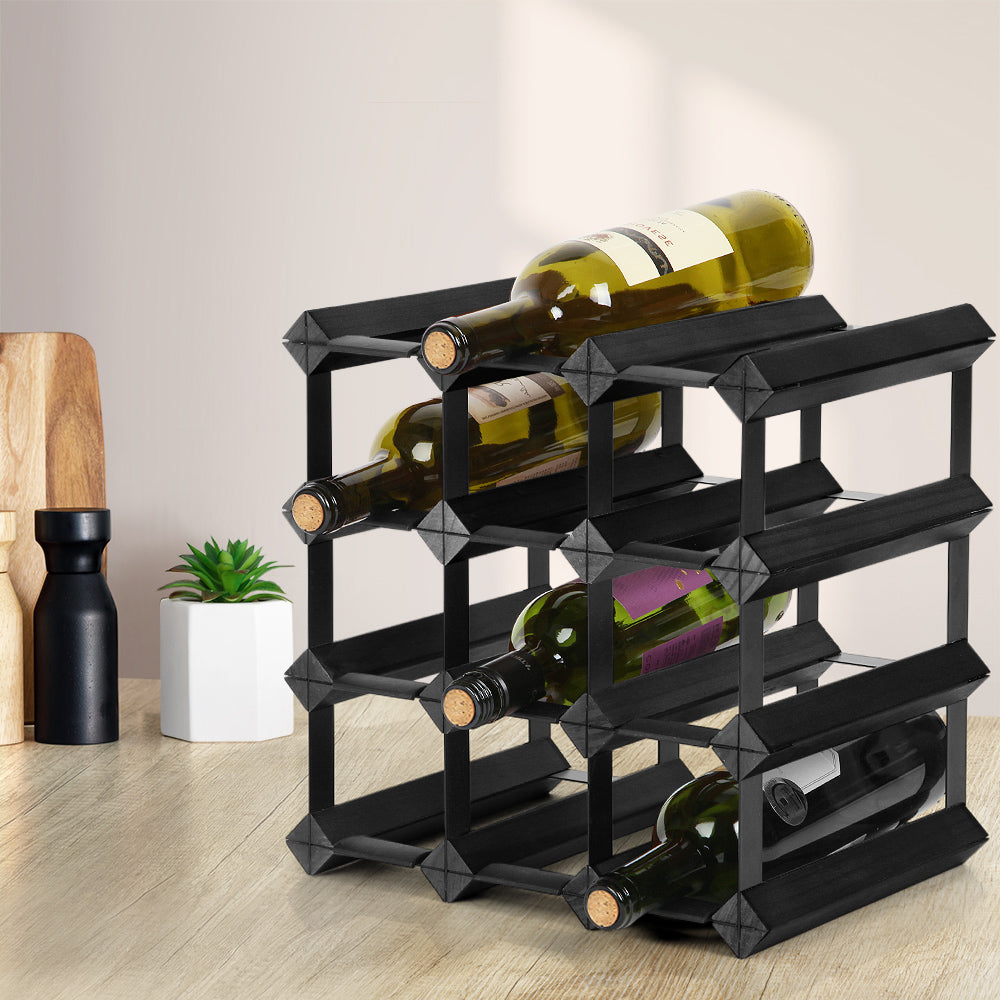 Artiss 12 Bottle Timber Wine Rack Wooden Storage Wall Racks Holders Cellar Black-Home &amp; Garden &gt; Storage - Peroz Australia - Image - 1