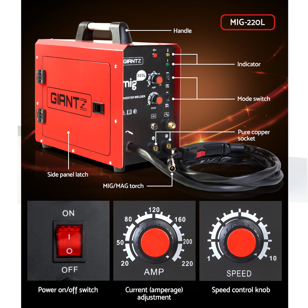 Giantz 220 Amp Inverter Welder MMA MIG DC Gas Gasless Welding Machine Portable-Tools &gt; Power Tools-PEROZ Accessories