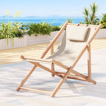 Gardeon Outdoor Deck Chair Wooden Sun Lounge Folding Beach Patio Furniture Beige-Sun Lounges-PEROZ Accessories